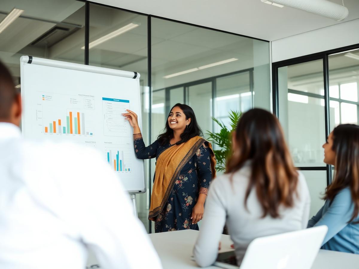 A HYVANIX manager presenting client performance charts to the team